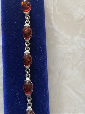 Sterling Silver Amber Link Bracelet - Deep Cognac Red